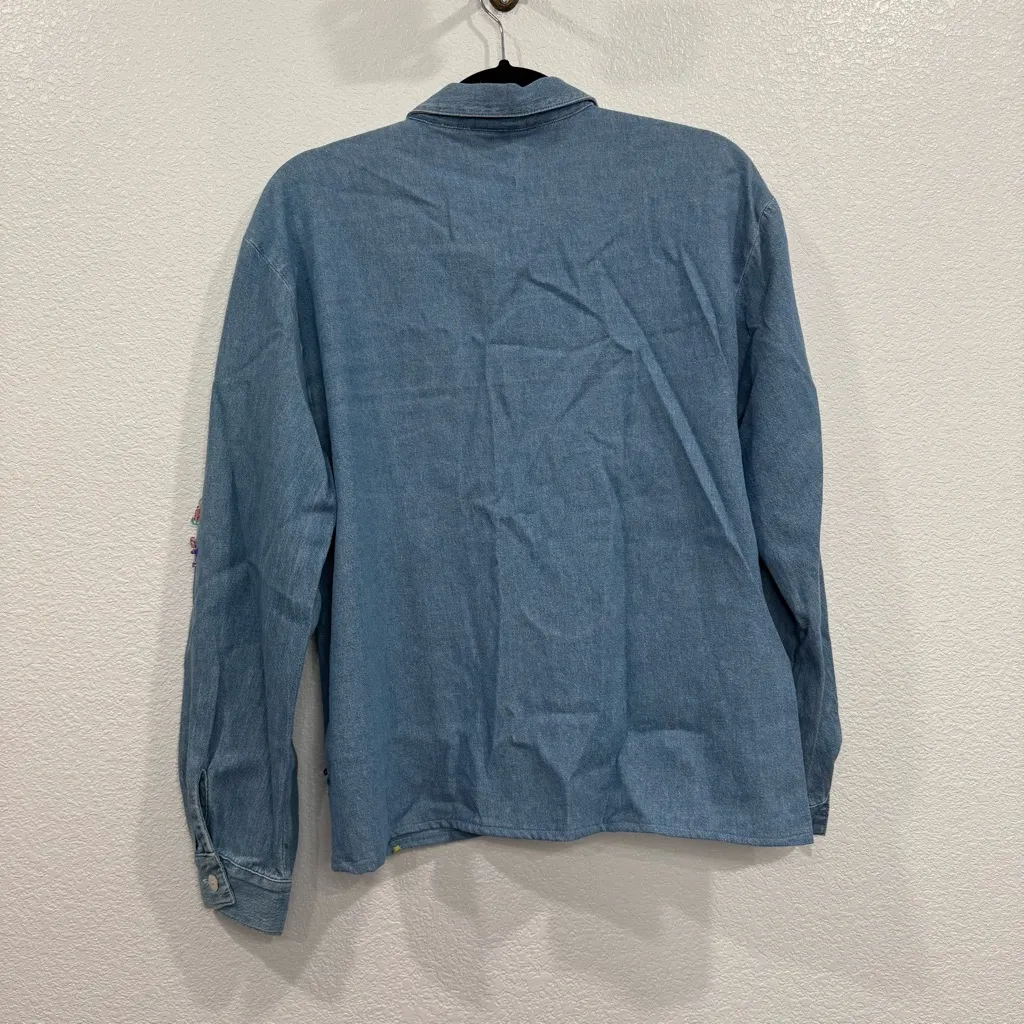 Vintage Teddi Button Front Embellished Denim Long Sleeve Top Large Blue - Image 5