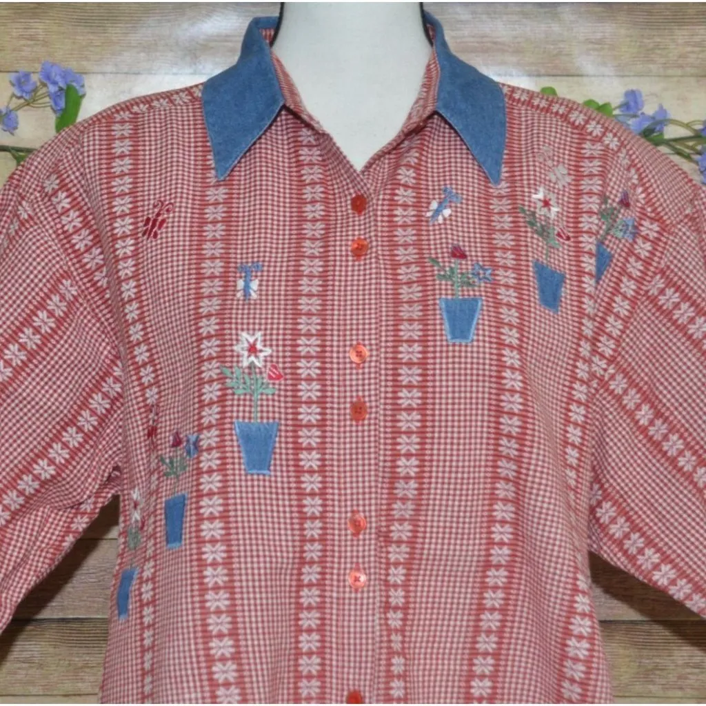 Vintage Citi Craze Women's Embroidered Floral Button Front Shirt 18W Granny Core Red - Image 2