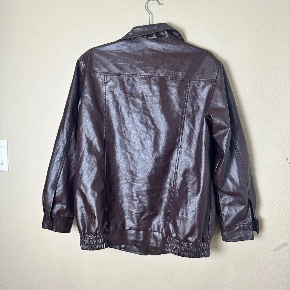 Oversized Faux Leather Bomber Jacket Coat Slant Pockets Chocolate Brown Medium - Image 6