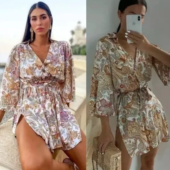 Paisley Print Belted Tunic Style Dress Sz XS Blogger Favorite - Image 2