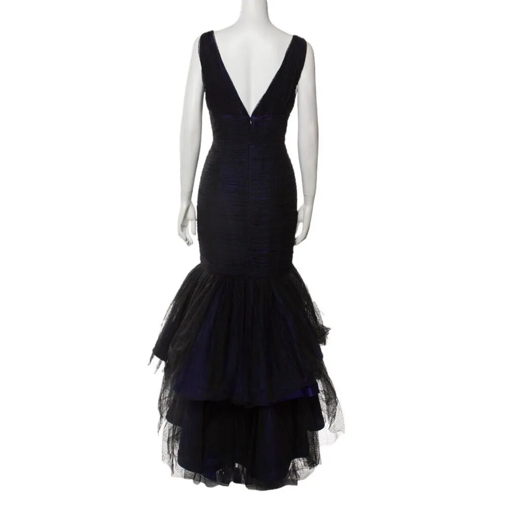 MONIQUE LHUILLER Trumpet Tiered Tulle Maxi Dress Gown Black Blue Women’s Size 8 - Image 2