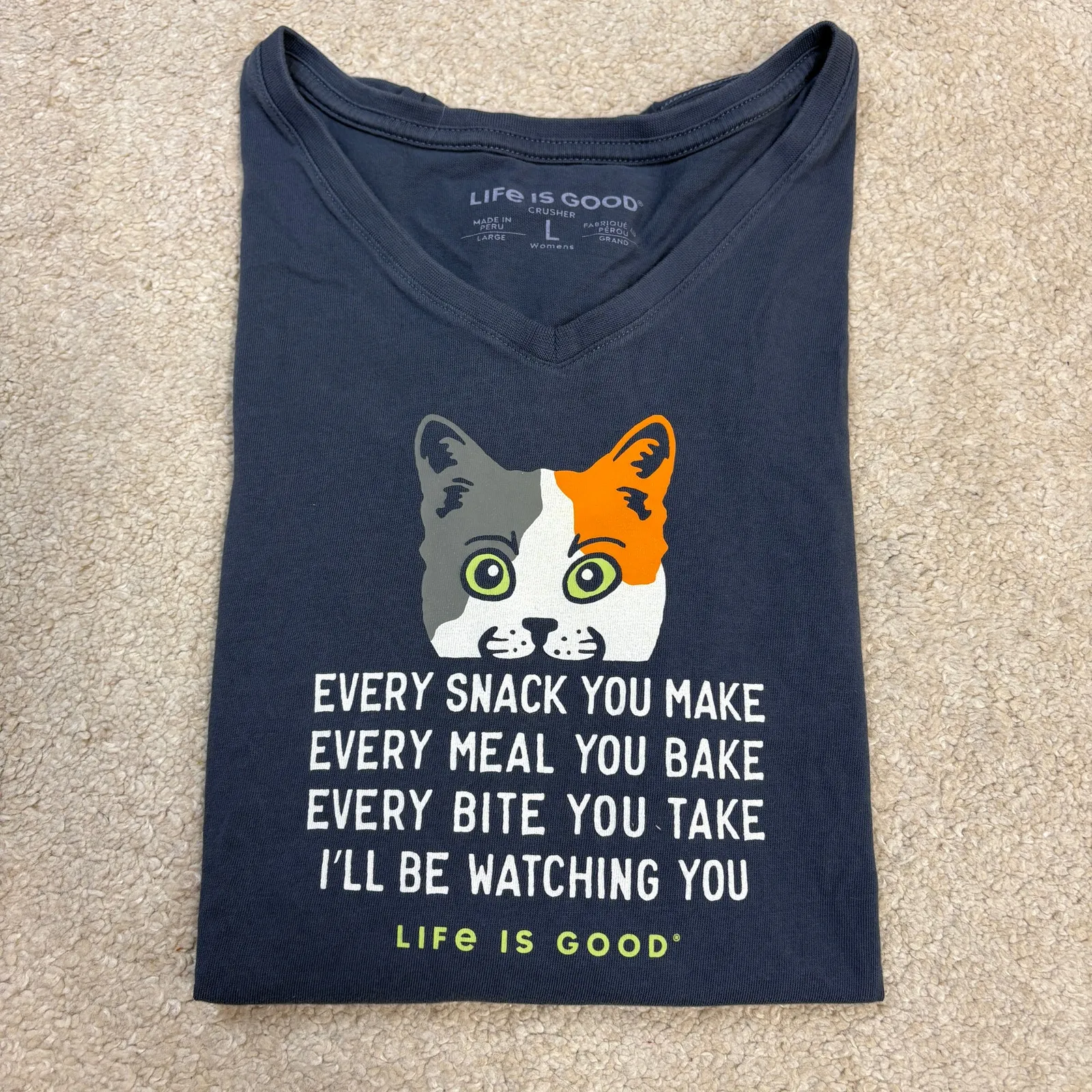 Life Is Good "Every Snack You Make" Cat Graphic V-Neck T-Shirt Size L - Image 2