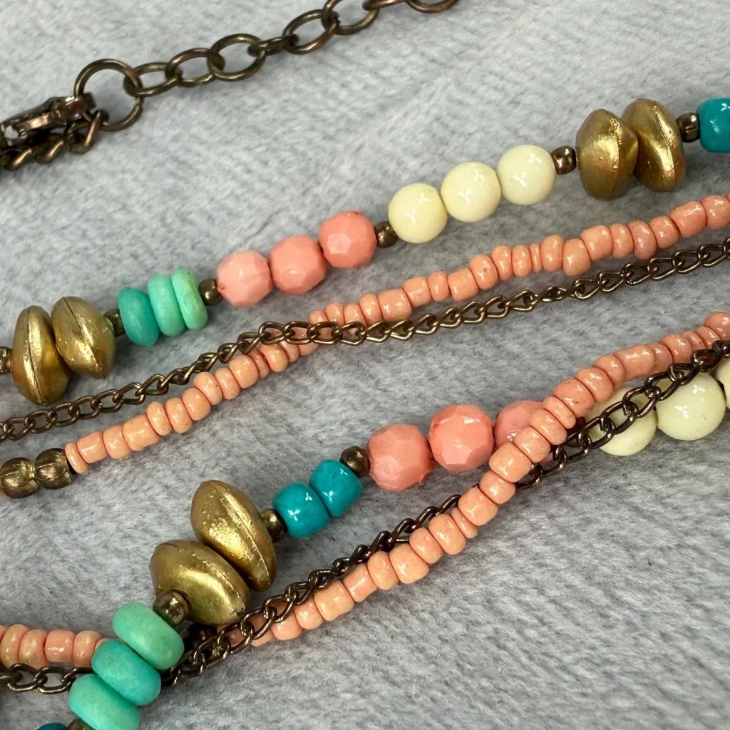 Beaded Multicolor Pendant Necklace Coral Turquoise Gold Colors Shell Accents - Image 12