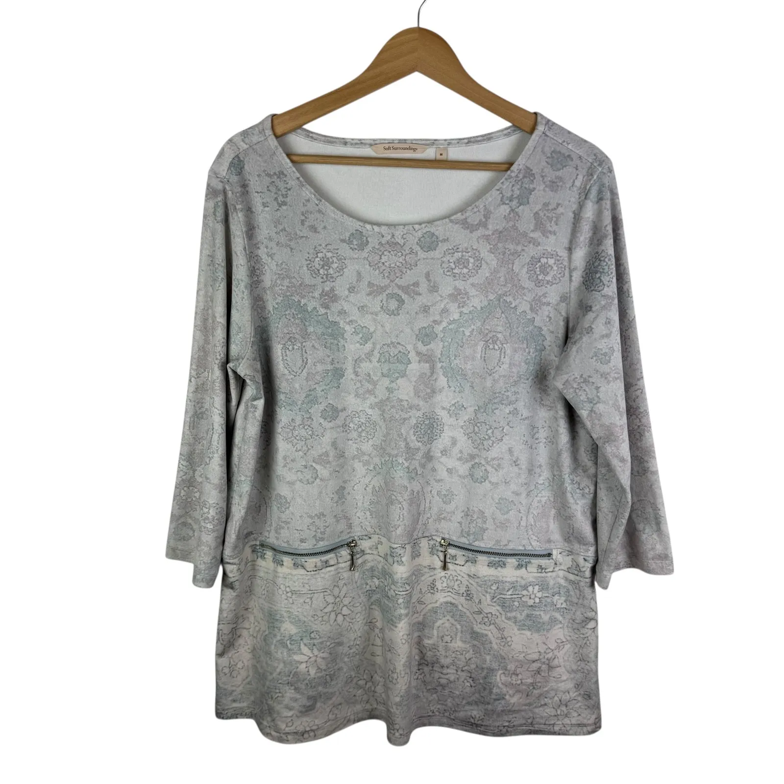 Soft Surroundings Dello Velour Paisley Tunic Top Sz Medium Gray 3/4 Sleeve Boho - Image 2