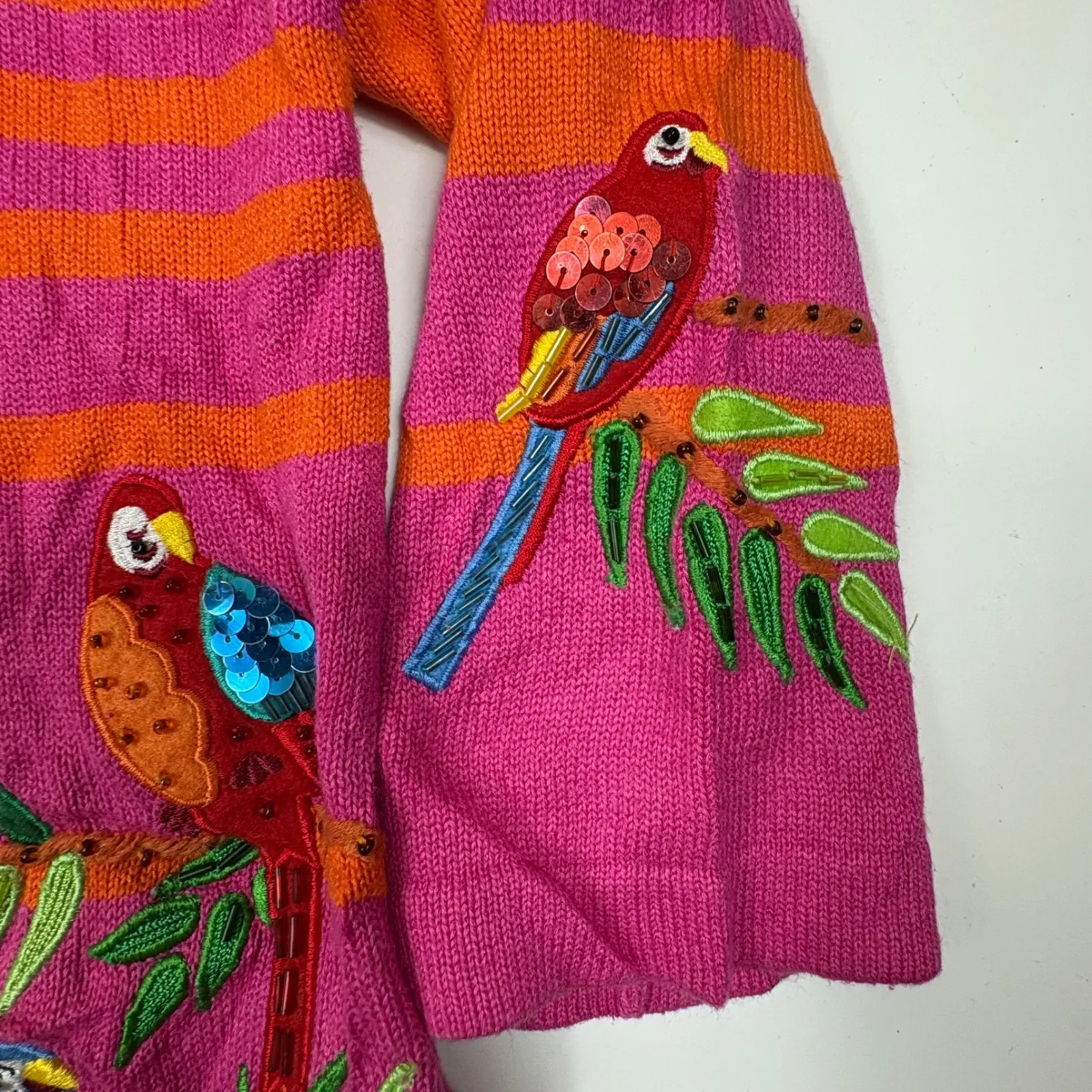 Just B Parrot Bird Tropical Embroidered Striped Cardigan Sweater Orange Pink M Size M - Image 3