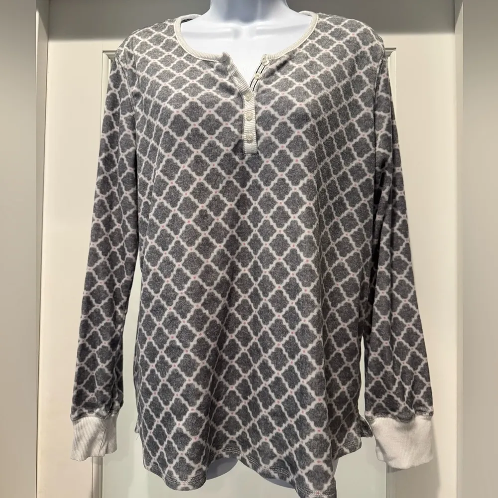 Nautical Gray Patterned Women's PJ Henley Top Size M Soft Fuzzy Cozycore - Image 2