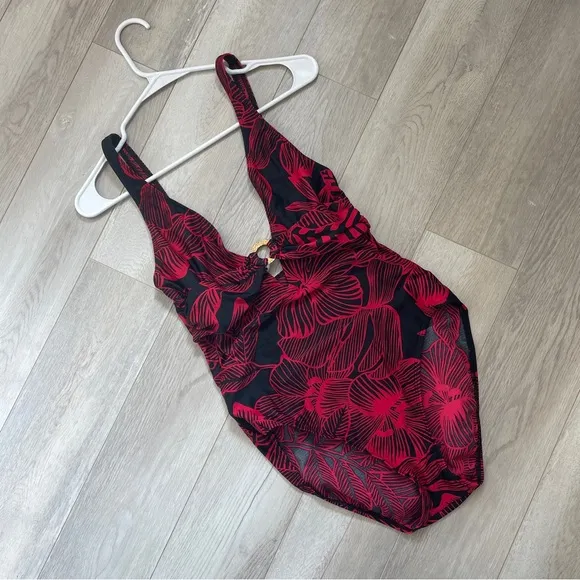 Lauren Ralph Lauren Swimsuit floral ring womens Black Red (size 12) summer beach - Image 1
