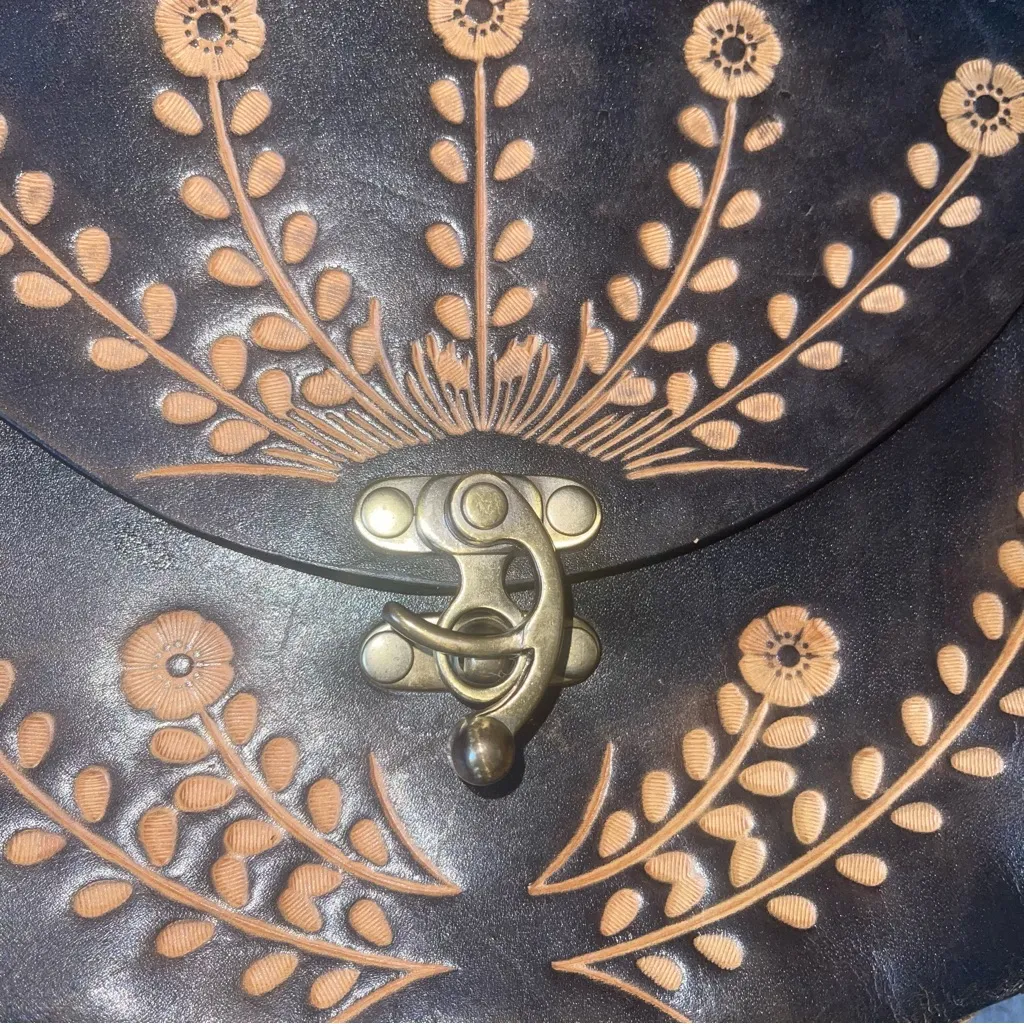 Hand Crafted Black Saddle Bag with floral Pattern - Image 2