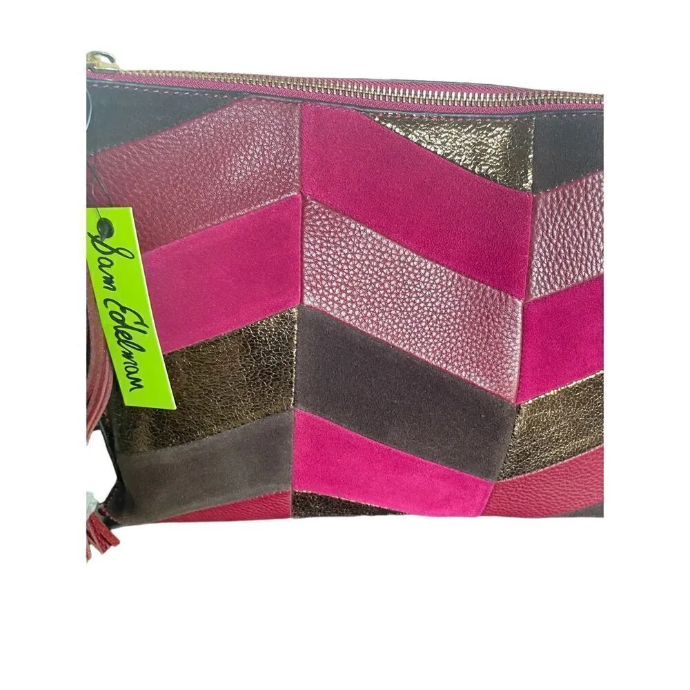 NWT Sam Edelman Chevron Suede Leather Patchwork Fringe Clutch Red/ Brown - Image 6
