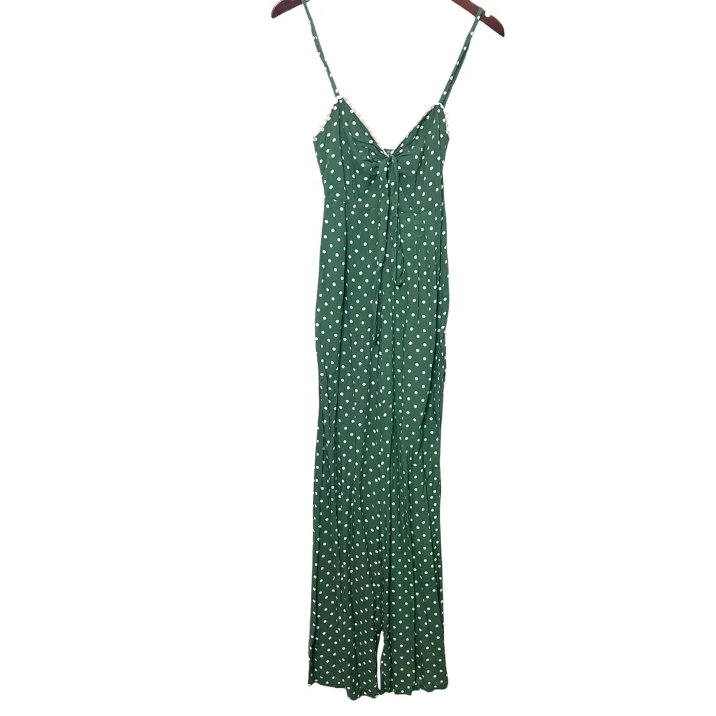 Agua Bendita Polka Dot Jumpsuit Women’s Small Green Keyhole Wide Leg Lace Trim - Image 6