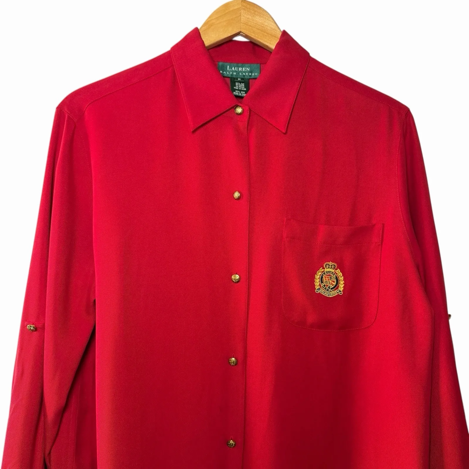 VTG 90s Lauren Ralph Lauren 100% Silk Crest Button Top Womens M Red Gold Logo - Image 4