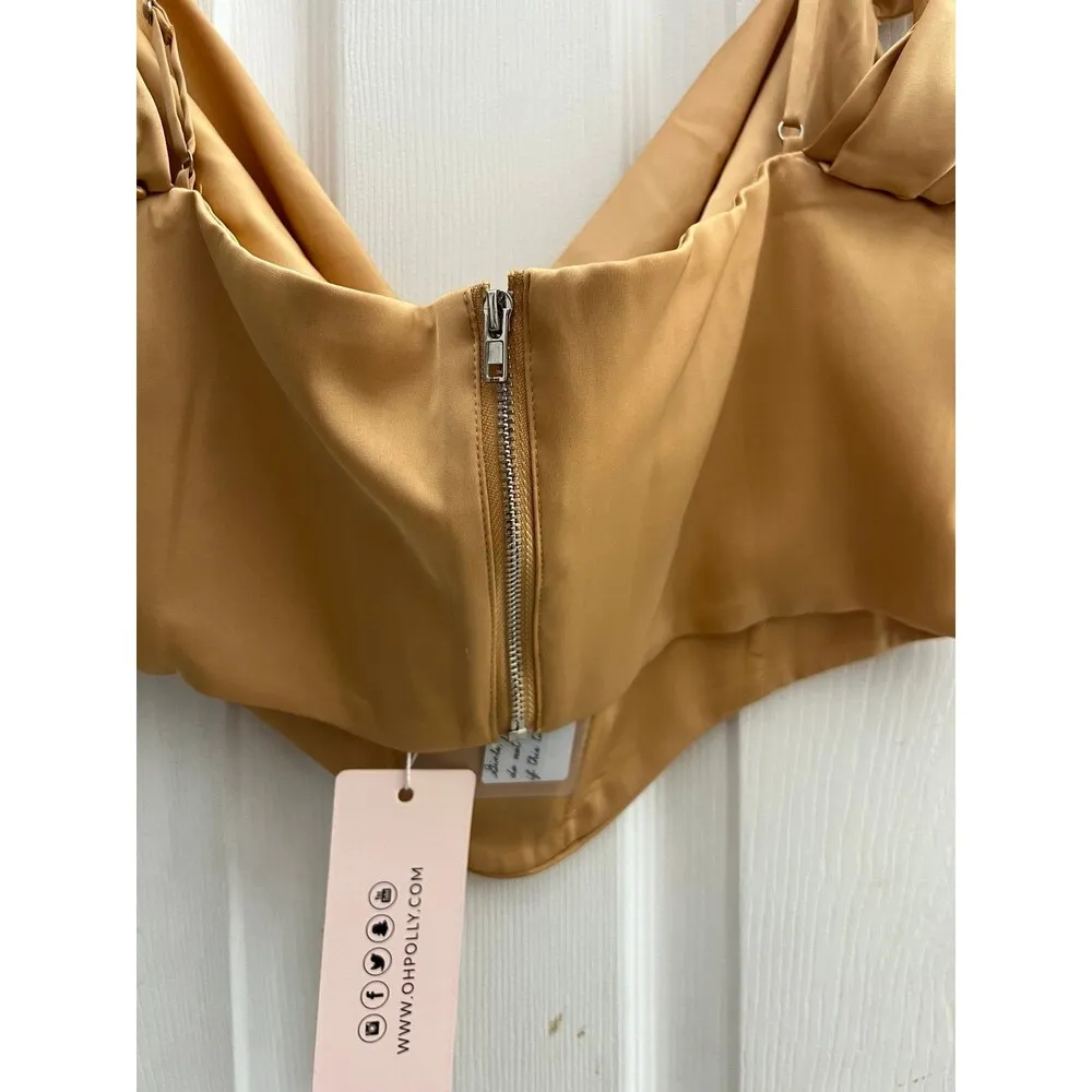 NWT oh Polly breathless Off The Shoulder Cowl Neck Corset Crop Top In Beige - Image 10