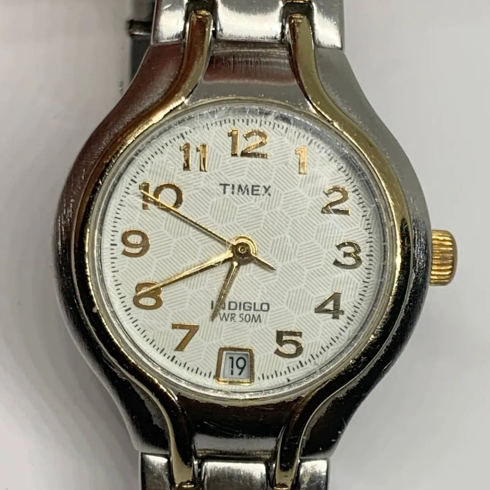 Timex indiglo women’s quartz analog date watch 25mm case gold silver tone link - Image 2