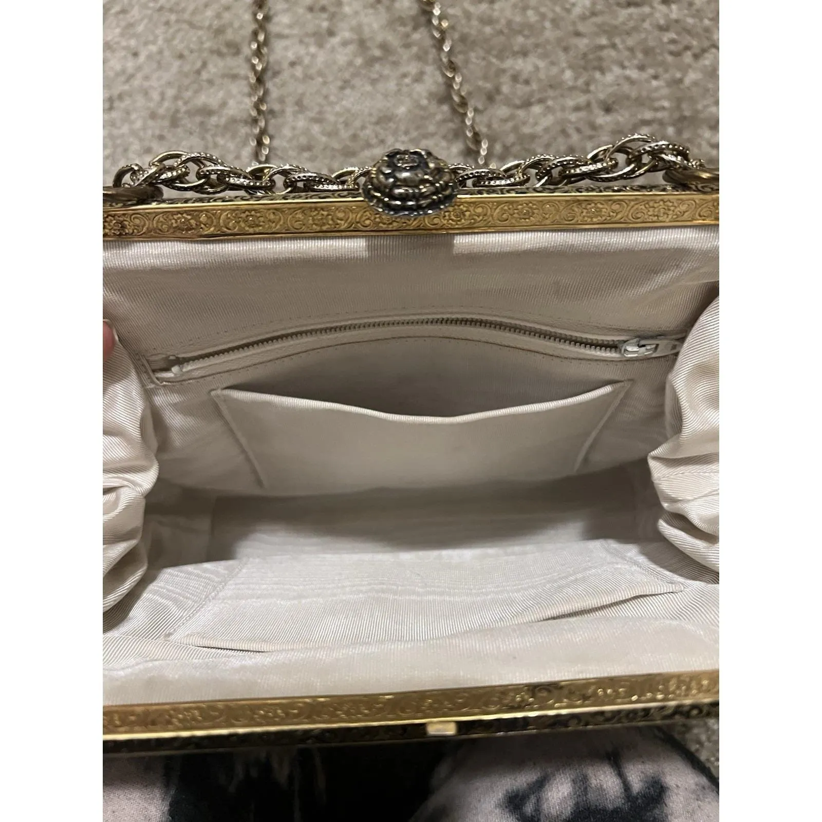 Vintage Tapestry Floral Needlepoint Handbag Convertible Chain Strap Black - Image 4