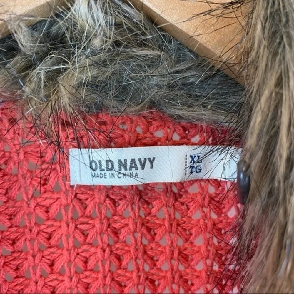 Old Navy Women's  Orange Knit Long  Faux Fur Collar Duster Sweater XL - Image 3