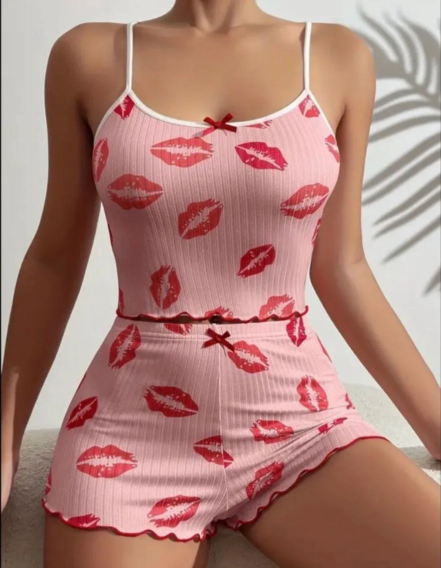 Pink & Red, Kiss Graphic, Pajama Set - Image 2