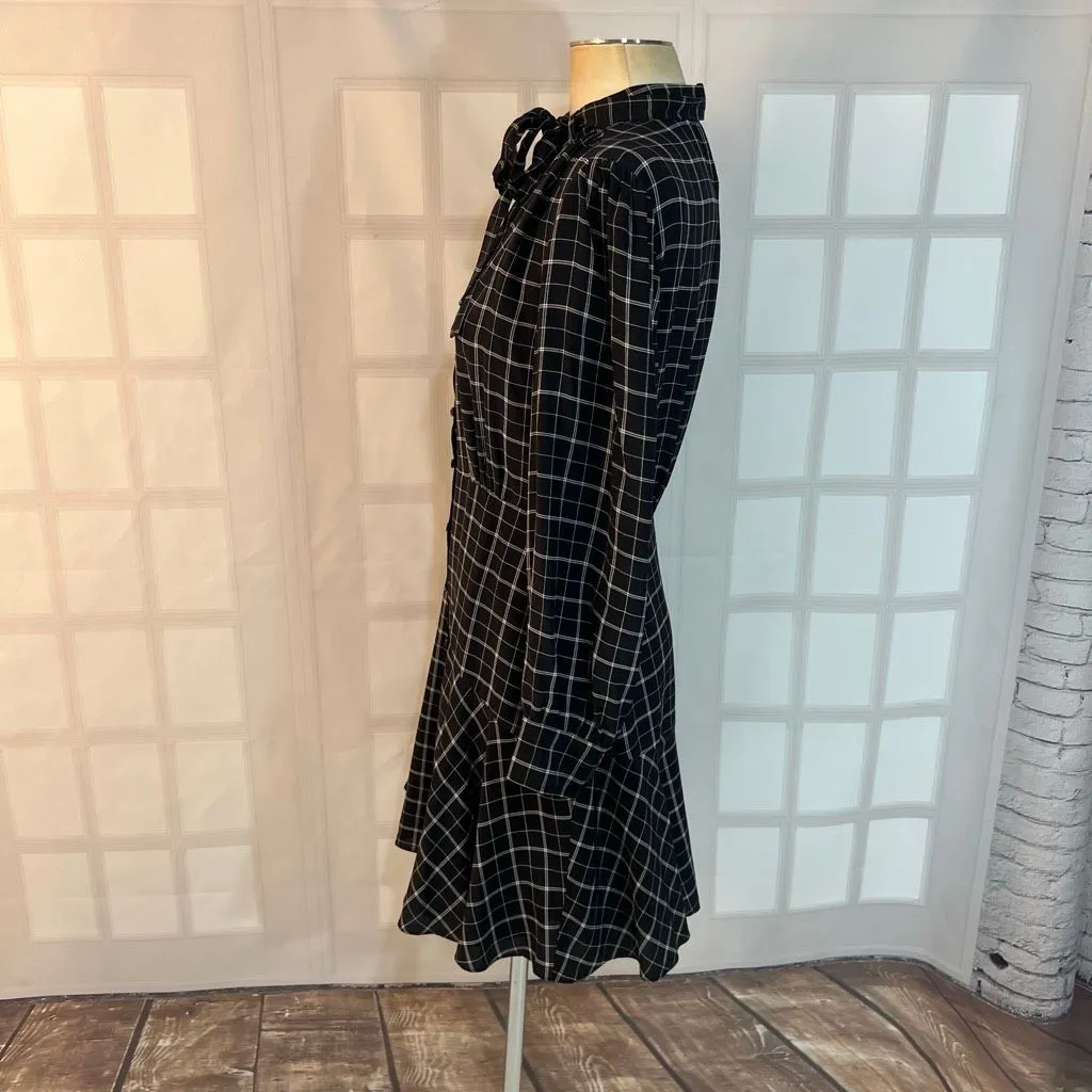 Rebecca Taylor Black Plaid Bow Tie Neck Long Sleeve Mini Silk Dress Size 8 - Image 7