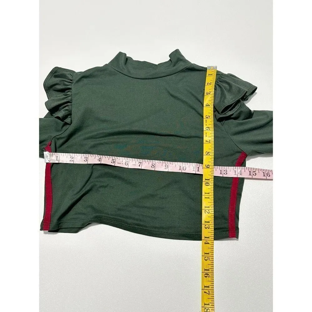 Women's Mock Neck Long Sleeve Ruffles Shoulder Crop Top Olive‎ Green Size Small - Image 8