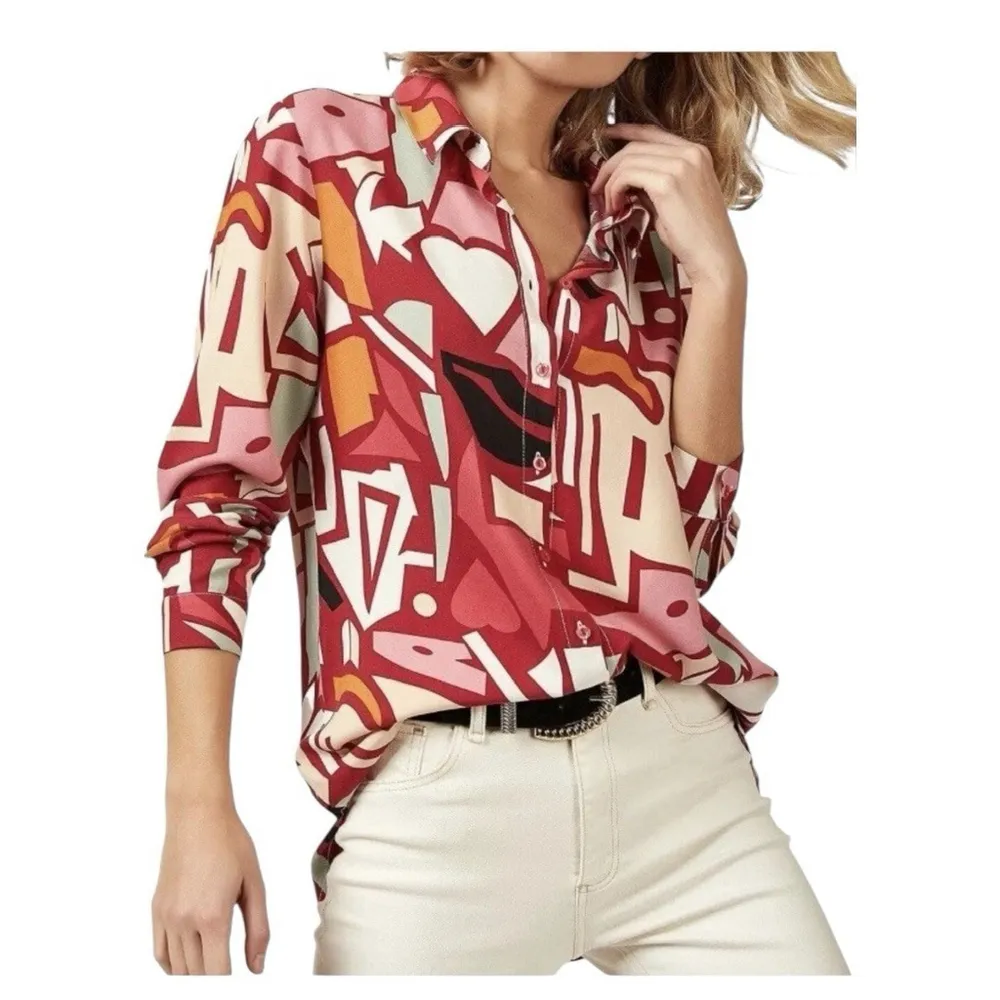 Big Dart Women's 22 2X Top Button Down Shirt Graphic Abstract Long Sleeve NWT Red Size XXL - Image 2
