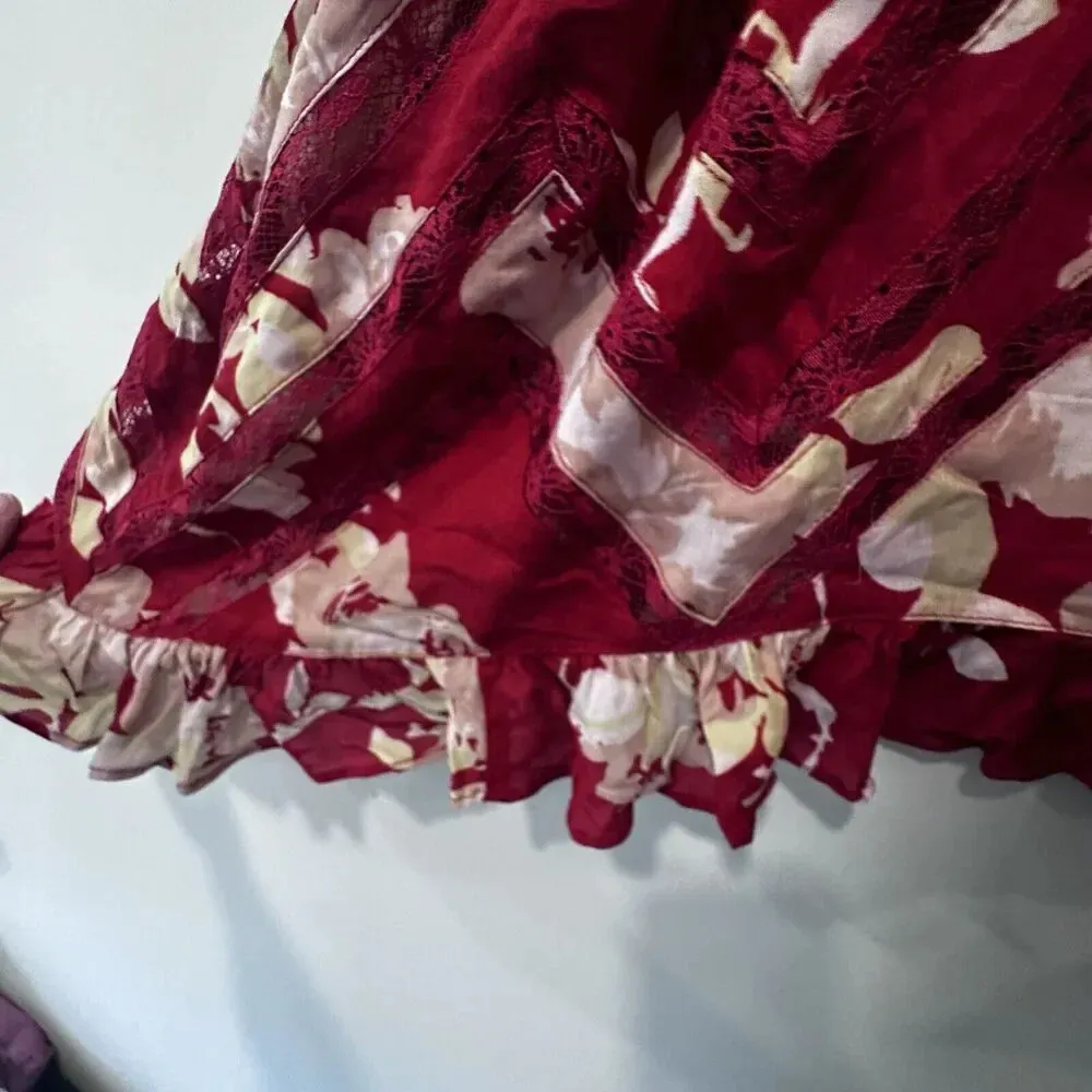 INTIMATELY FREE PEOPLE Red Floral VOILE & LACE Trapeze Slip Dress Size XS 1085 - Image 8