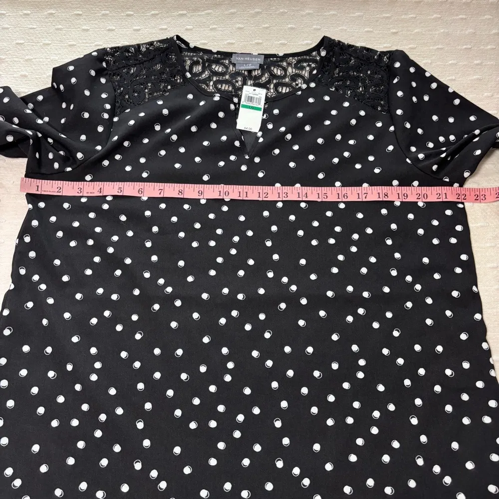 VAN HEUSEN BLACK AND WHITE POLKA DOT BLOUSE WITH PEEKABOO VNECK AND LACE YOKE, L - Image 8