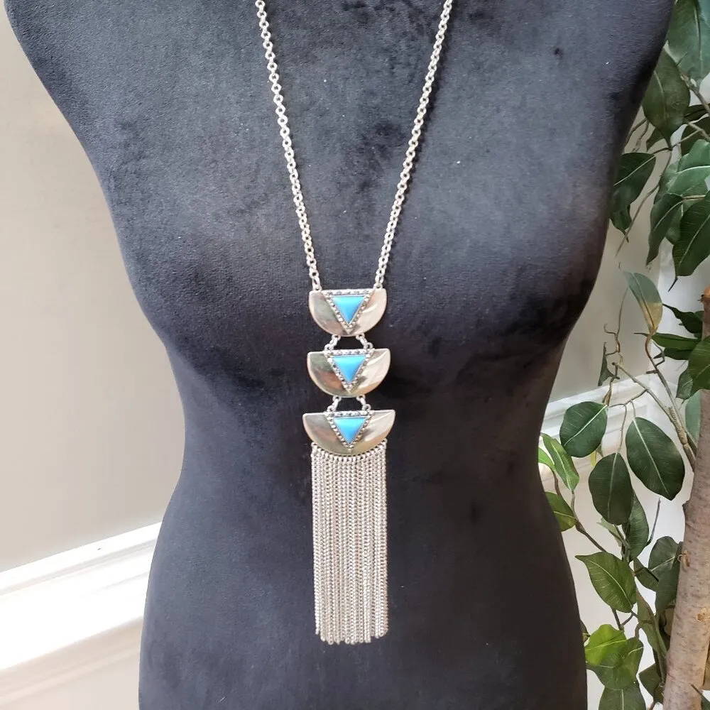 Womens Fashion Periwinkle Blue & Silver Tassel Necklace Jewelry w/ Lobster Clasp - Image 2