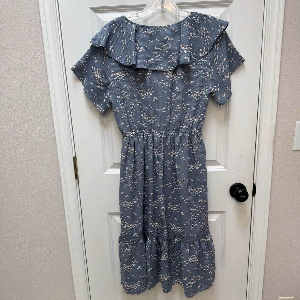 Piper and Scoot Blue Collared Floral Dress Size Small Cinched Waist Ruffles Boho - Image 3