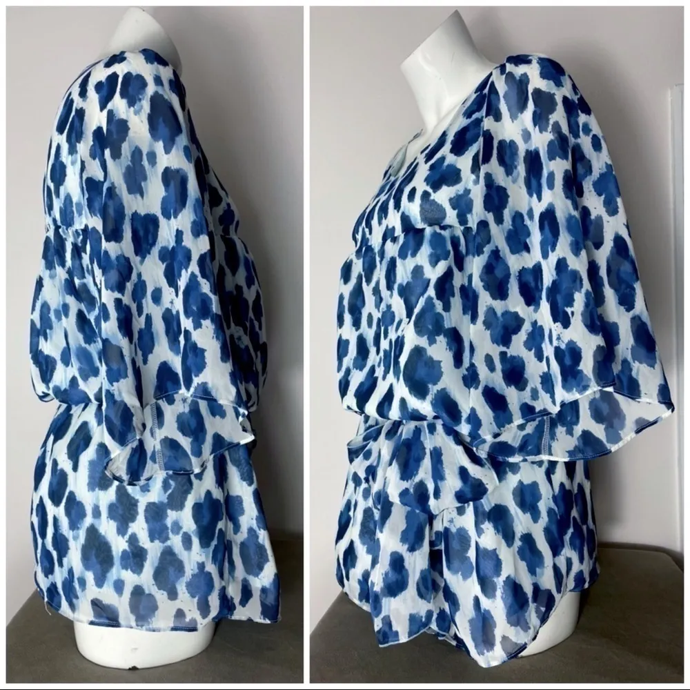 Barneys New York Blue Watercolor Polka Dot Peplum Blouse Top Size Small - Image 3