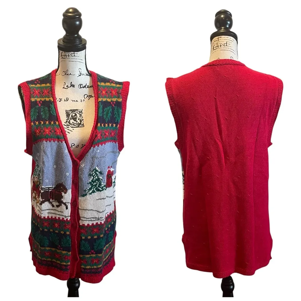 Talbots Christmas Sweater Knit Vest Red Green Size Medium Winter Holiday Novelty - Image 10