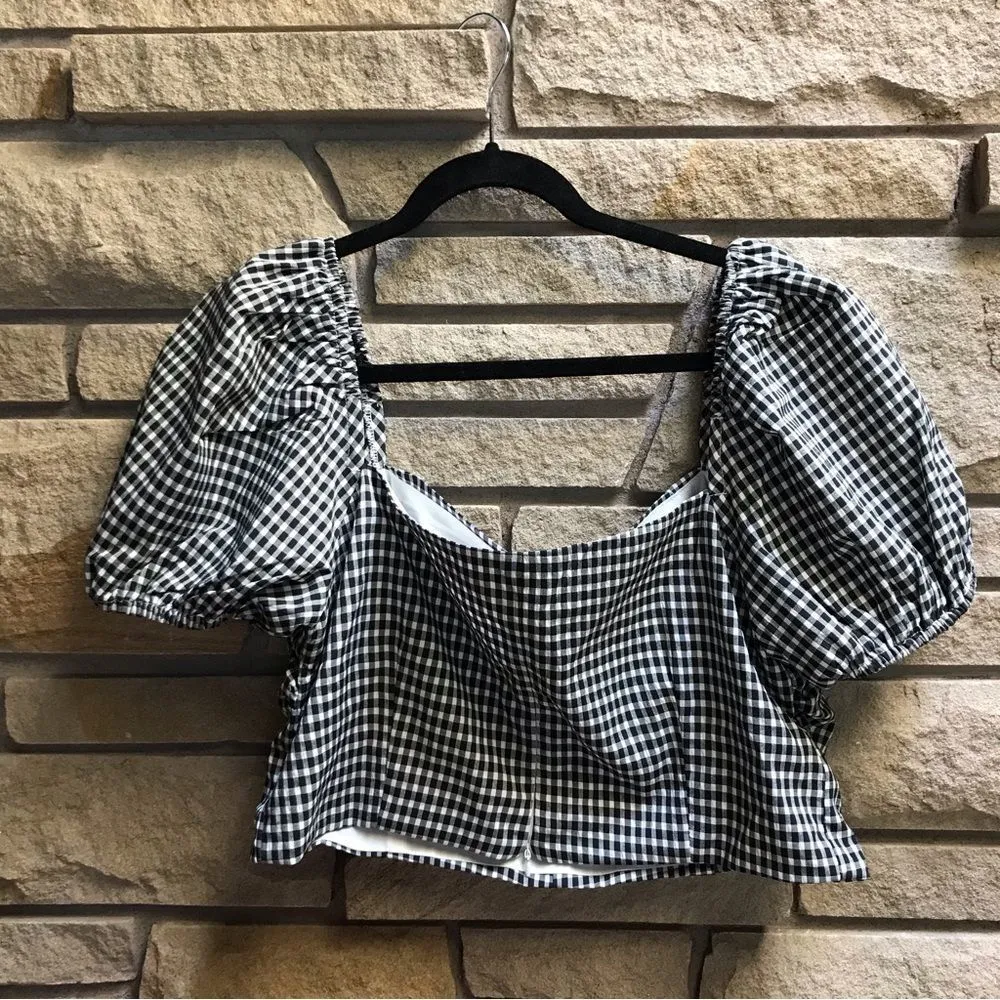 Pink Lily YOU'RE GENUINE CROPPED GINGHAM BLACK white Puff Sleeve Retro XXL - Image 5