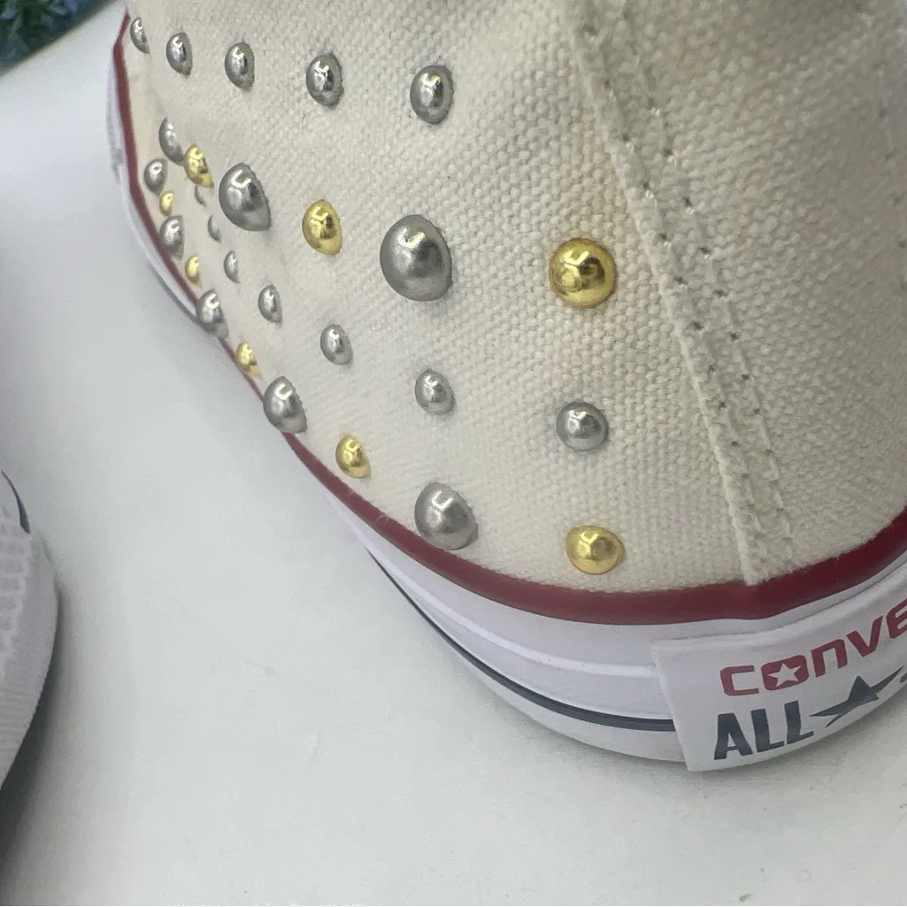 Converse Size 7 Women Chuck Taylor All Star Hi Top Sneaker Gold silver Studs - Image 9
