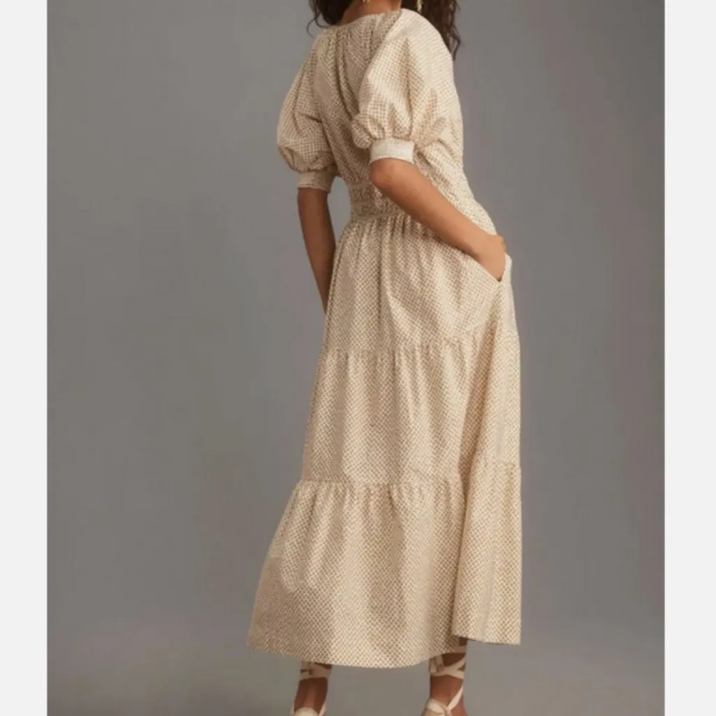 Anthropologie Maeve Somerset Maxi Dress Puff Sleeve Tiered A-Line Neutral Dot XS - Image 2