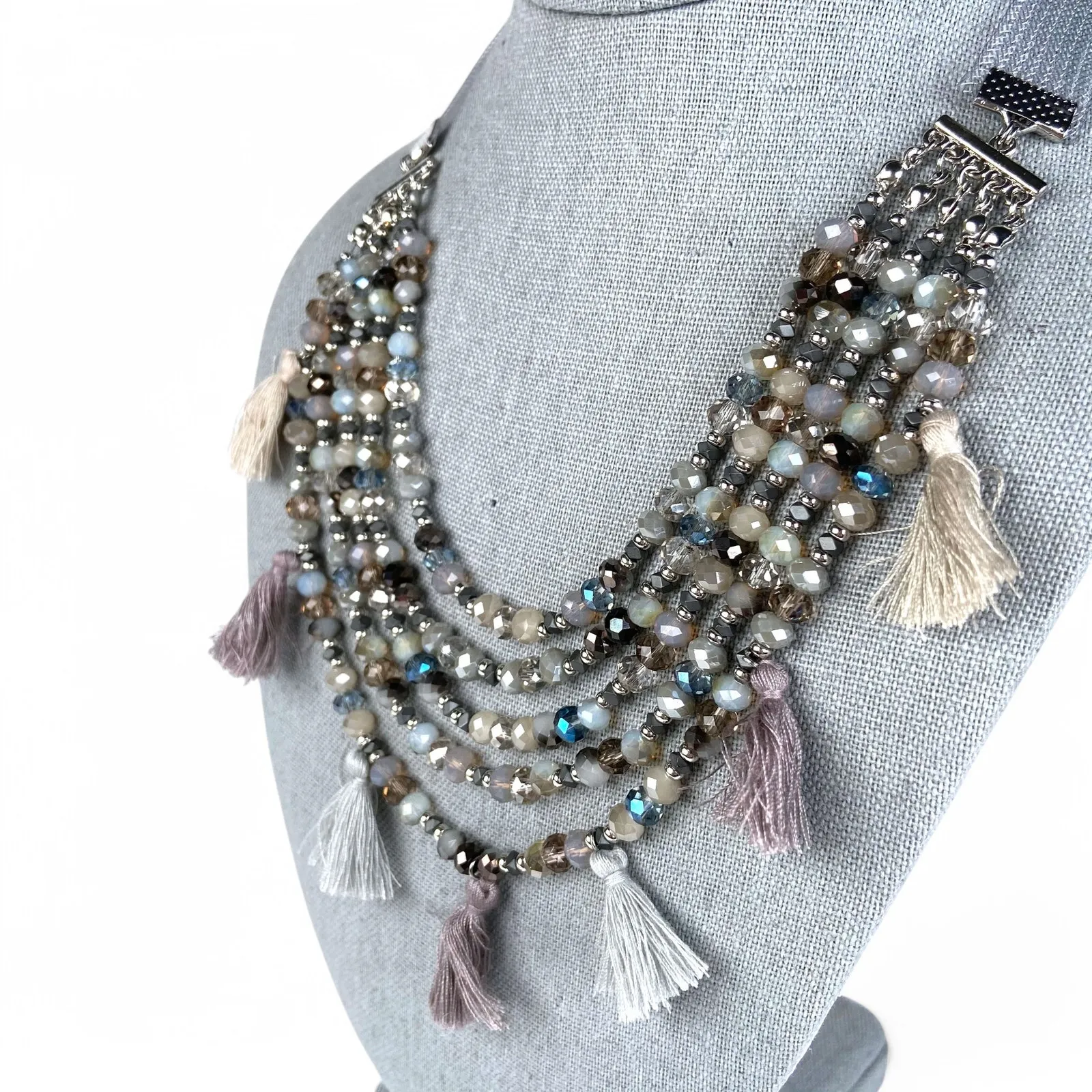 Multi Strand Crystal Bead Necklace with Tassels Gray Taupe Statement Jewlery - Image 2