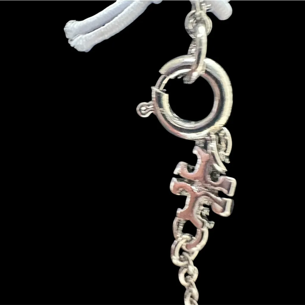 New Auth. Tory Burch Silver Hexagon Logo Long Necklace Chain with Silver Pearls - Image 8