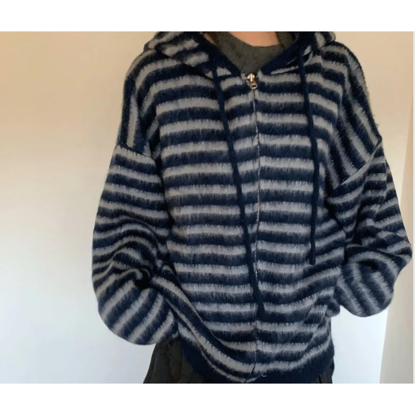 WEEKEND SEOUL Unisex Striped Fuzzy Knit Full Zip Hoodie Oversized Blue Size XL - Image 10