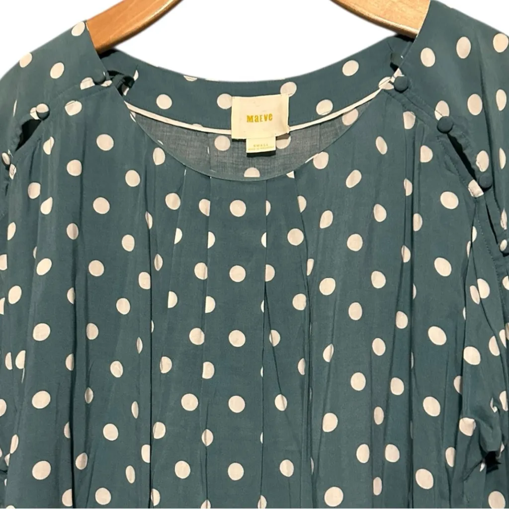 Maeve Anthropologie S Green Teal White Braxton Polka Dot Flutter Sleeve Blouse - Image 4