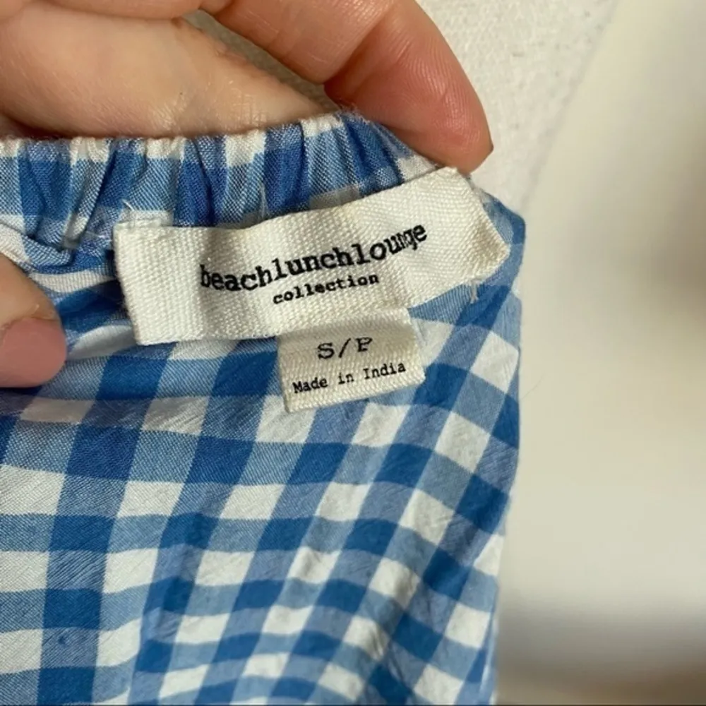 BeachLunchLounge • Blue White Gingham Plaid Off Shoulder Blouse - Image 86