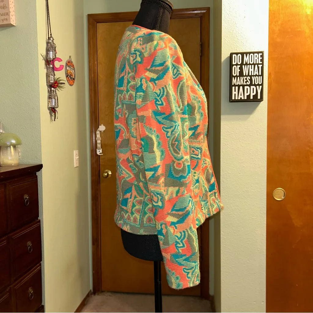 Devernois vintage orange green abstract sweater cardigan wool blend flawed Size undefined - Image 2