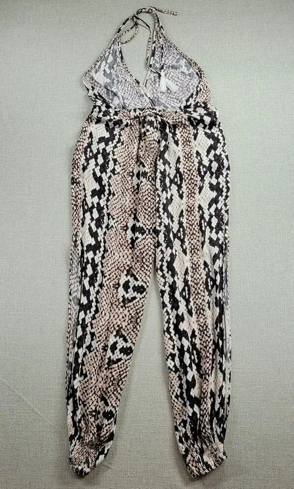 Olivaceous Womens Jumpsuit Size S White Brown Snake Print Halter Tassel Backless - Image 7