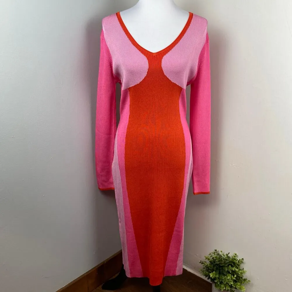 Gabrielle Union Vibrant Colorblock Long Sleeve Ribbed Knit Midi Bodycon Dress XL Red - Image 2