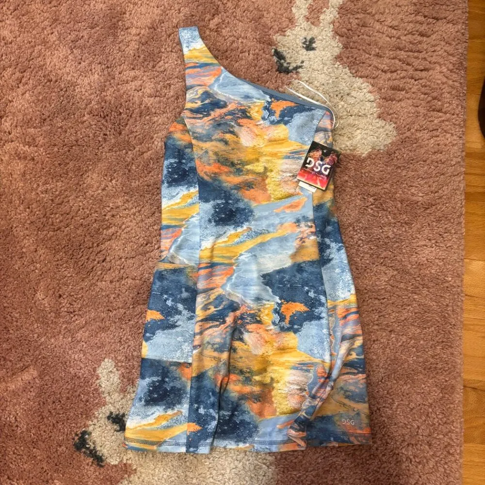 NWT DSG One Shoulder Active Momentum Dress w/ Bra & Shorts Multi Abstract Sz XS Blue - Image 6