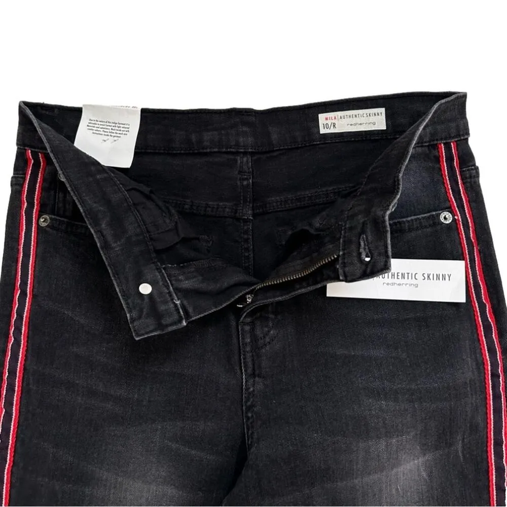 Red Herring UK Mila Black Wash Red Racing Stripe Skinny Jeans Size US 6 NEW - Image 5