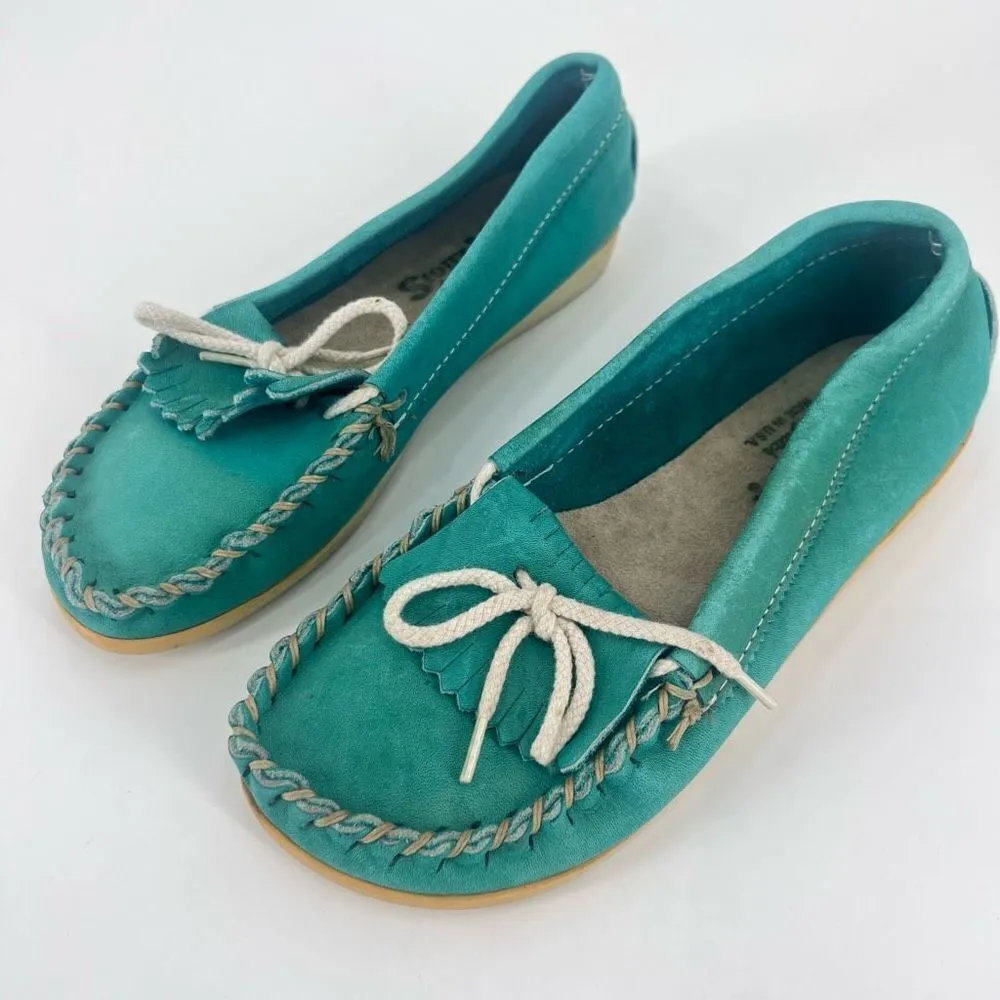 Vintage Sioux Mox Women's Suede Leather‎ Tri Stitch Moccasins Turquoise Size 6 Blue - Image 3