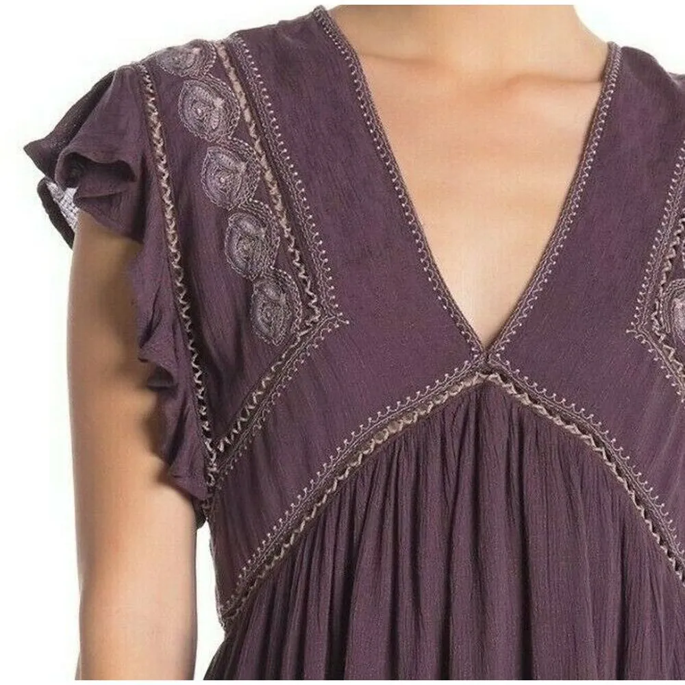 FREE PEOPLE Top Falling Water Plum Ruffle Sleeve Embroidered Tunic Top Small NWT - Image 4