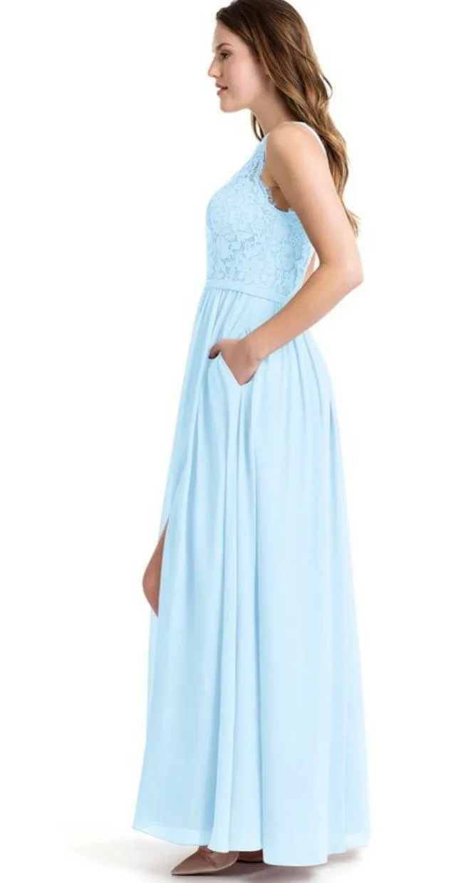 Sky Blue Lace Chiffon One Shoulder Maxi Dress EUC Size 0 - Image 2