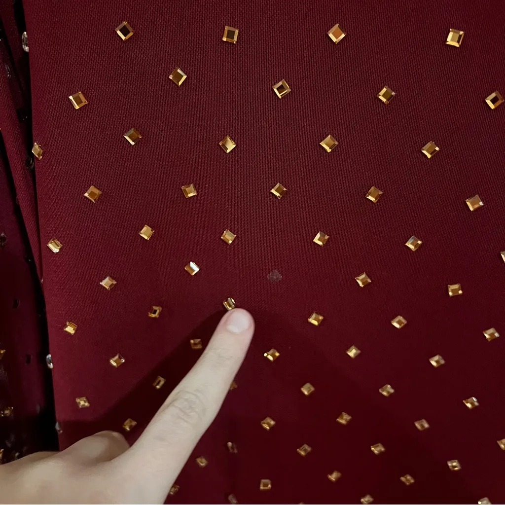 Alex Marie Burgundy Long Sleeve Gold Sequin Asymmetrical Dress - Image 9