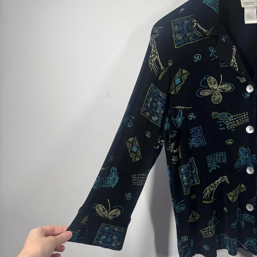 Coldwater Creek Top Women Size M Black Shell Button Down Made in USA Giraffe - Image 3