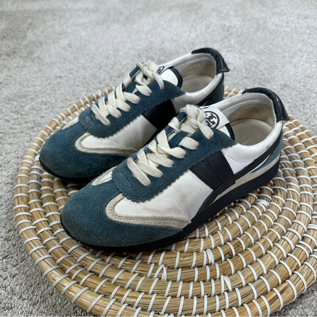 Tory Burch Hank Snow White/Bright Navy Low Top Sneakers Shoes Suede Leather 5 - Image 6