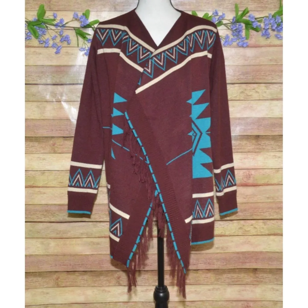 Giddy Up Glamour Cardigan Womens S Aztec Southwestern Open Front Fringe Fall - Image 4