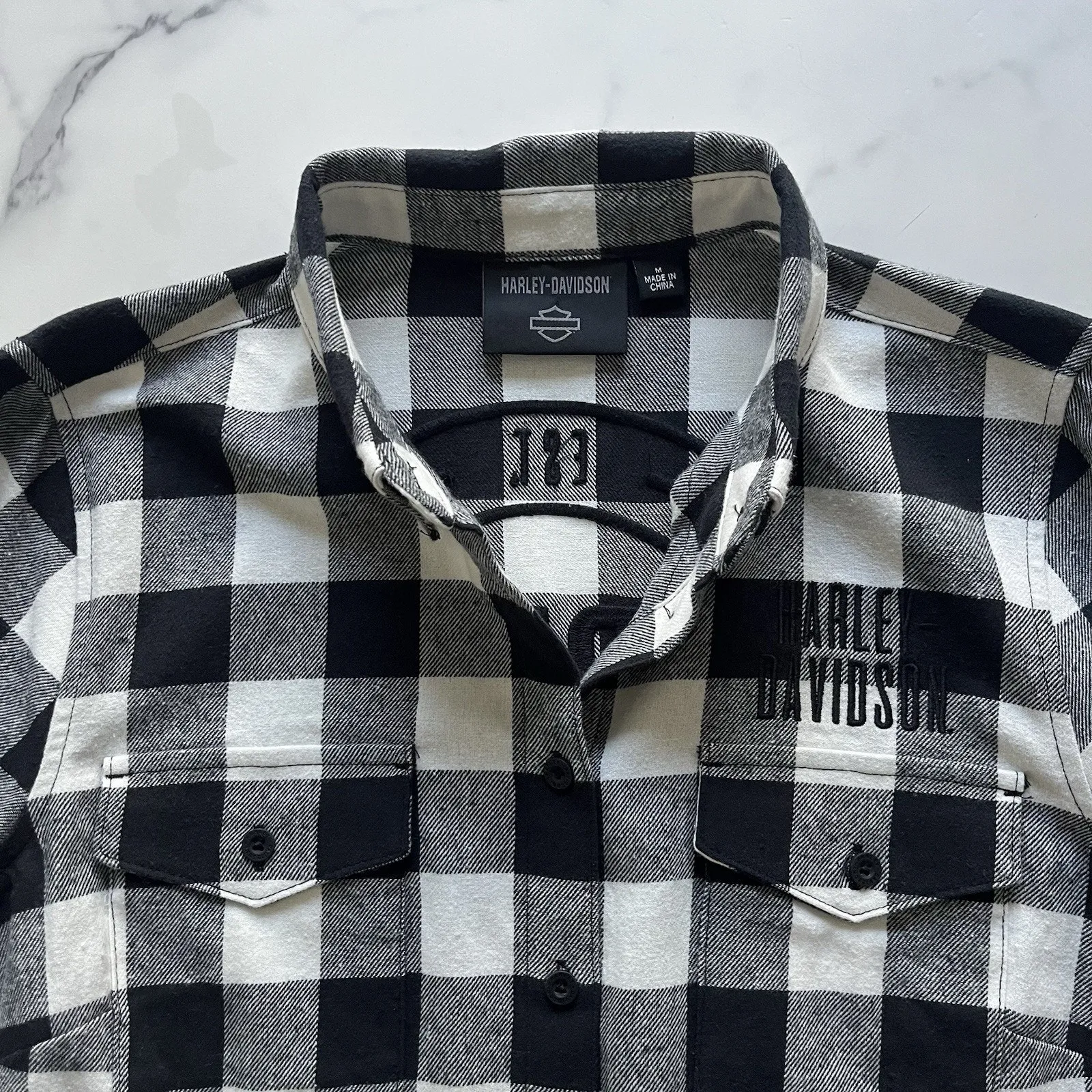 Harley Davidson rustic flannel paid shirt Size M Embroidered western cabin core Black Size M - Image 6